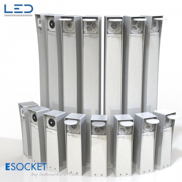 Elektrosäule ESOCKET 350 und 900, Steckdosensockel, Steckdosensäule mit Schweizer Steckdosen T13, T15, T23 sowie Schuko Steckdosen und Schalter