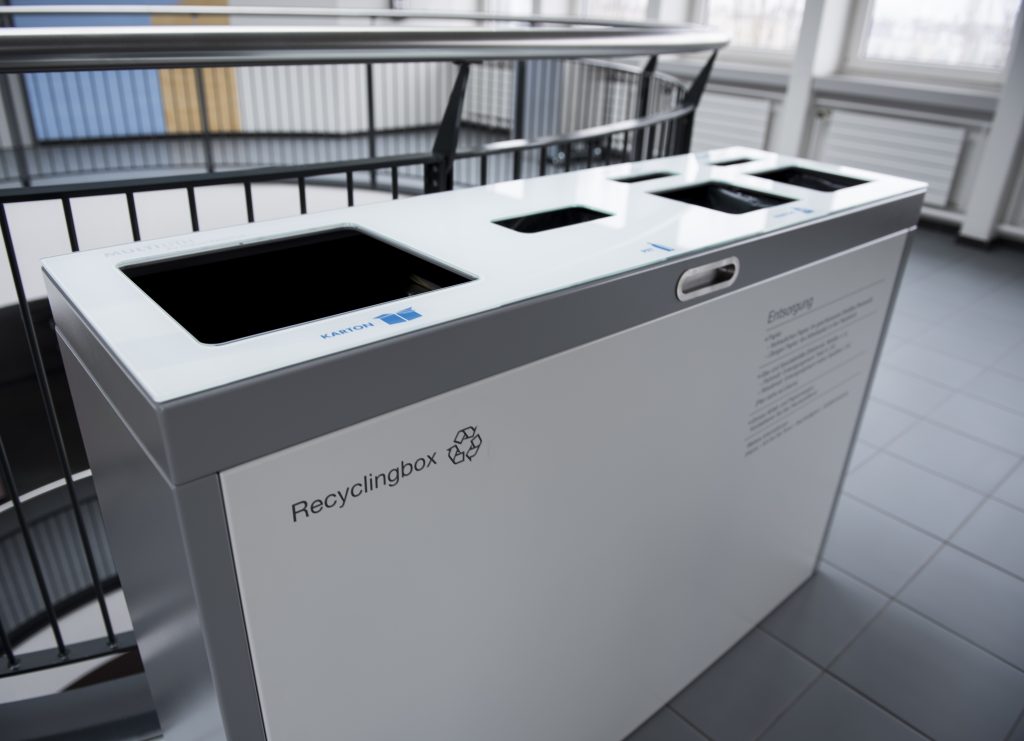 Recyclingstation, Recycling Station Innen, Recycling Box Büro, Recyclingstationen Edelstahl, Recyclingbehälter Drinnen, Recyclingstation PET, Abfallbehälter, Wertstoffbehälter, 110 Liter, Swissmade, Schweiz