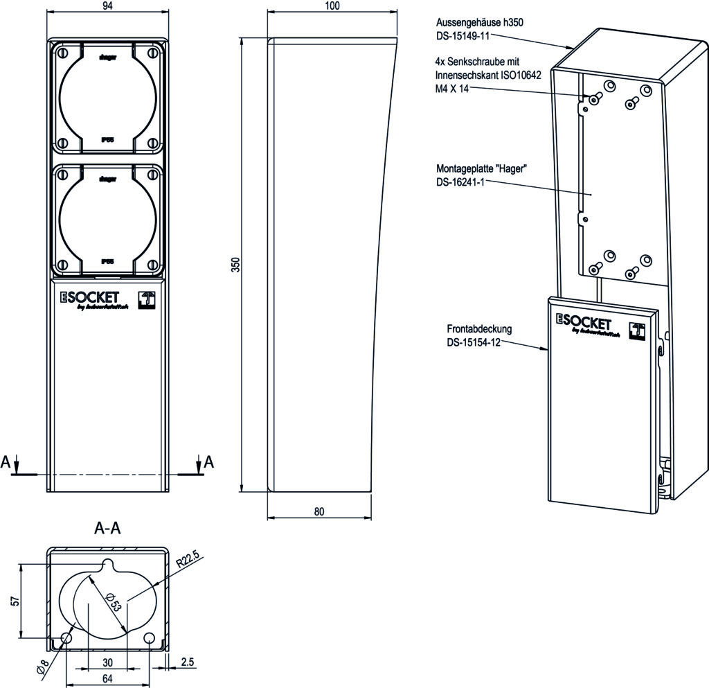 Steckdosen Sockel ESOCKET 350 Hager Robusto NAP IP21/IP55
