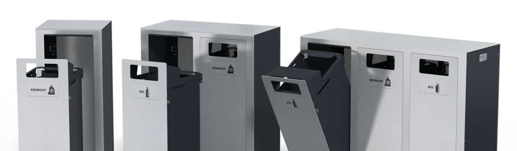 Recyclingstation Aussen, Inox, Edelstahl, Entsorgungssystem, Abfallmobiliar, Public Waste Bins, Poubelle Recyclage, PET Recycling