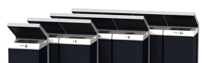 Recyclingstation Q-Bin, Recycling Station, Wertstofftrenner, Wertstoffbehälter, PET, 110 Liter, landscape furniture, kommerzielle Mülleimer