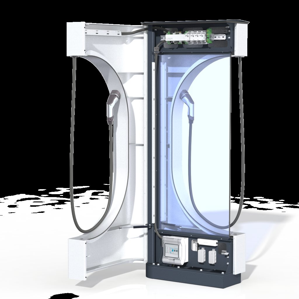 E-Charger design E Tankstellemit 22 kW/h Typ 2 Ladekabel. Sicheres Laden mit Überspaungsschutz, Fehlerstrommessung und Lastmanagement