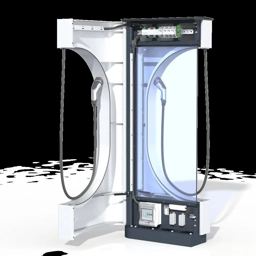 E-Charger design E Tankstellemit 22 kW/h Typ 2 Ladekabel. Sicheres Laden mit Überspaungsschutz, Fehlerstrommessung und Lastmanagement