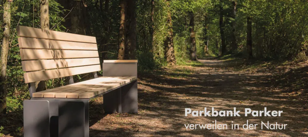 Parkbank Parker, Sitzbank, Holz, Metall, Massiv für den öffentlichen Raum, Stadtmobiliar, Public furniture