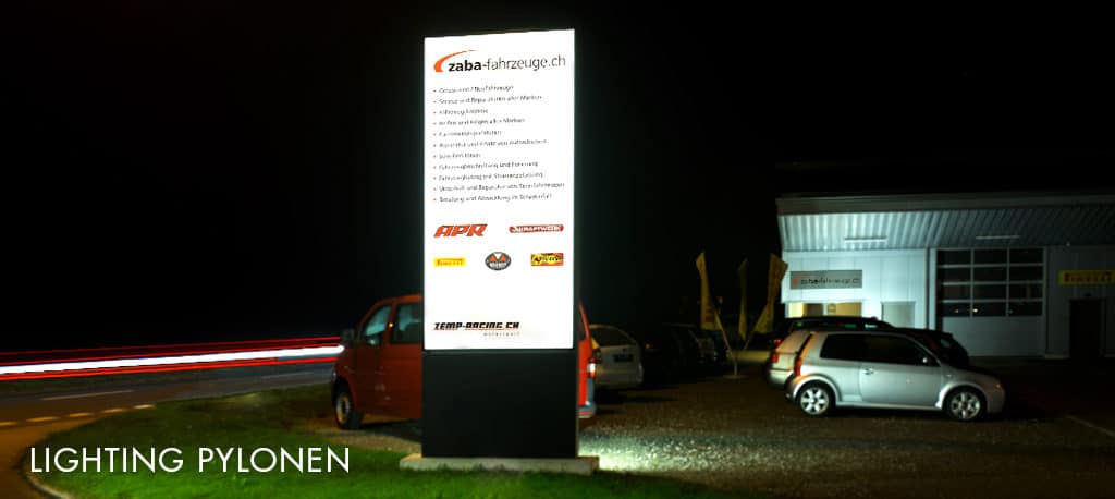 Leuchtreklame in Echolzmatt, ZABA Fahrzeuge 4m x 1,5m LED Leuchkasten aus ESG Glas mit LED Leuchteinheit und Latexdruck. Landscape Furniture