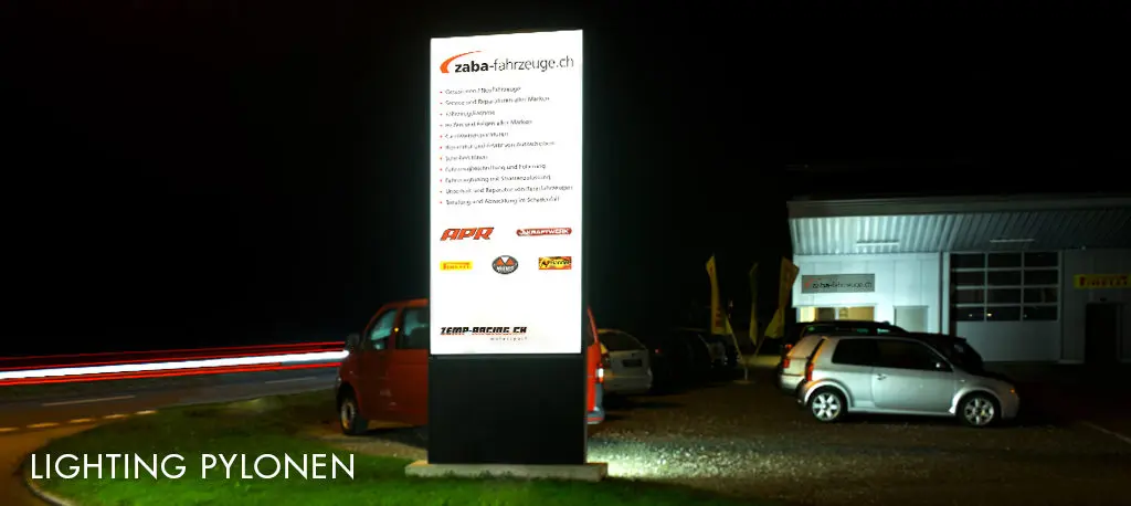 Leuchtreklame in Echolzmatt, ZABA Fahrzeuge 4m x 1,5m LED Leuchkasten aus ESG Glas mit LED Leuchteinheit und Latexdruck. Landscape Furniture