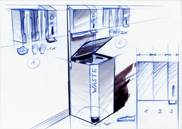 Design Hygienestation P-BIN, Abfallbehälter 110 Liter mit Fusspedal, Hygienesäule, Display, Desinfektionssäule für COVID-19, Swiss Made
