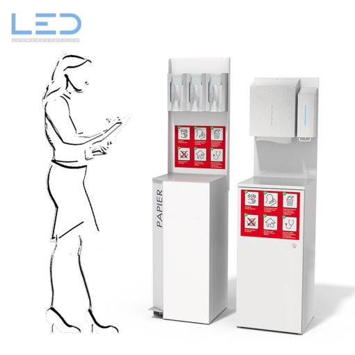 Hygiene-Station, UVC-Desinfektion, Schutzkonzept gegen Microorganissmen, Viren, Bakterien, Hygienedisplay COVID-19, Touchfree Abfallbehälter