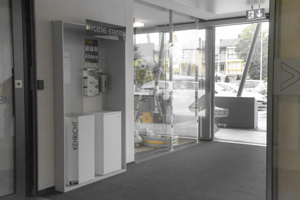 Hygienestation Einzelhandel, Health Care Point für Mitarbeiter und Kunden im öffentlichen Raum, Recyclingstation gegen COVID 19, Swismade